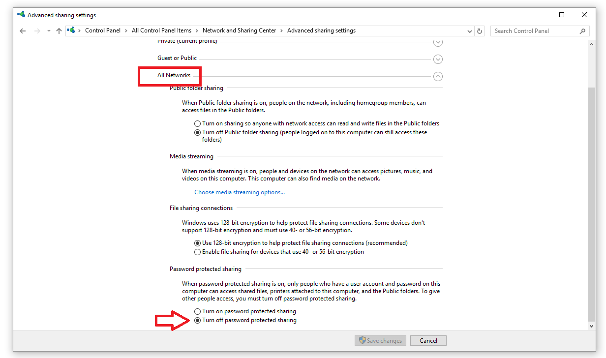 Advanced Sharing Settings All Networks
