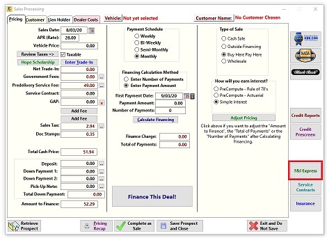 F & I Button Sales Screen